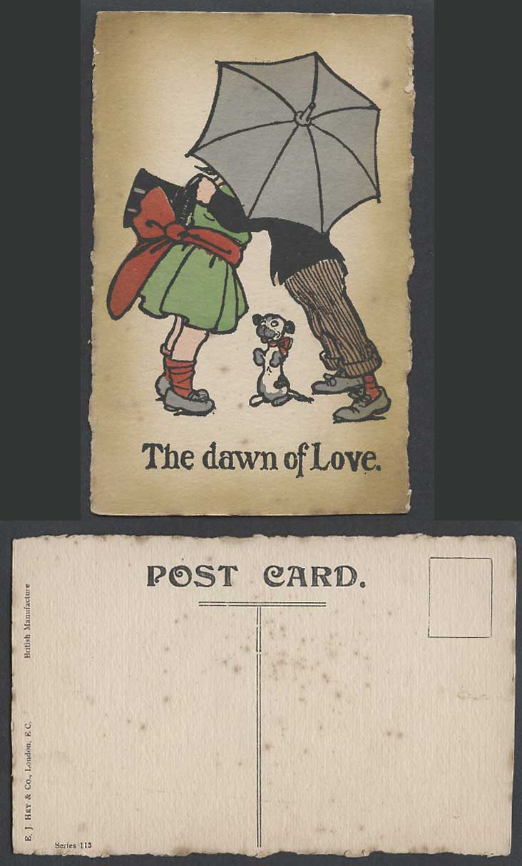 The Dawn of Love Romance Dog Puppy, Artist Drawn Comic Old Hand Painted Postcard