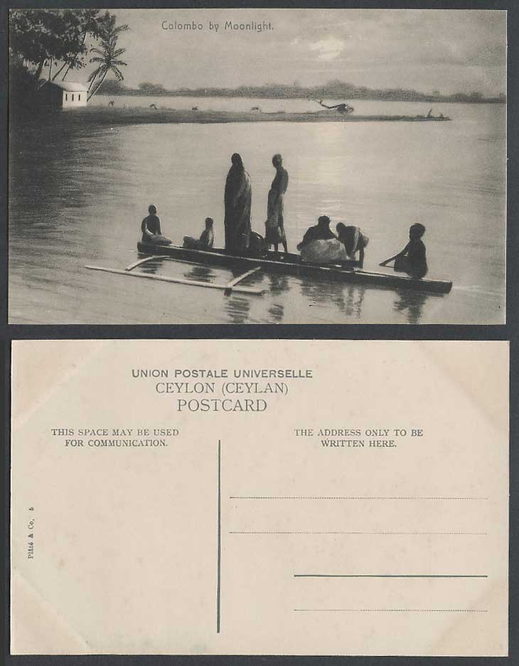 Ceylon Old Postcard Colombo by Moonlight Moon Night Native Canoe Boat Palm Trees