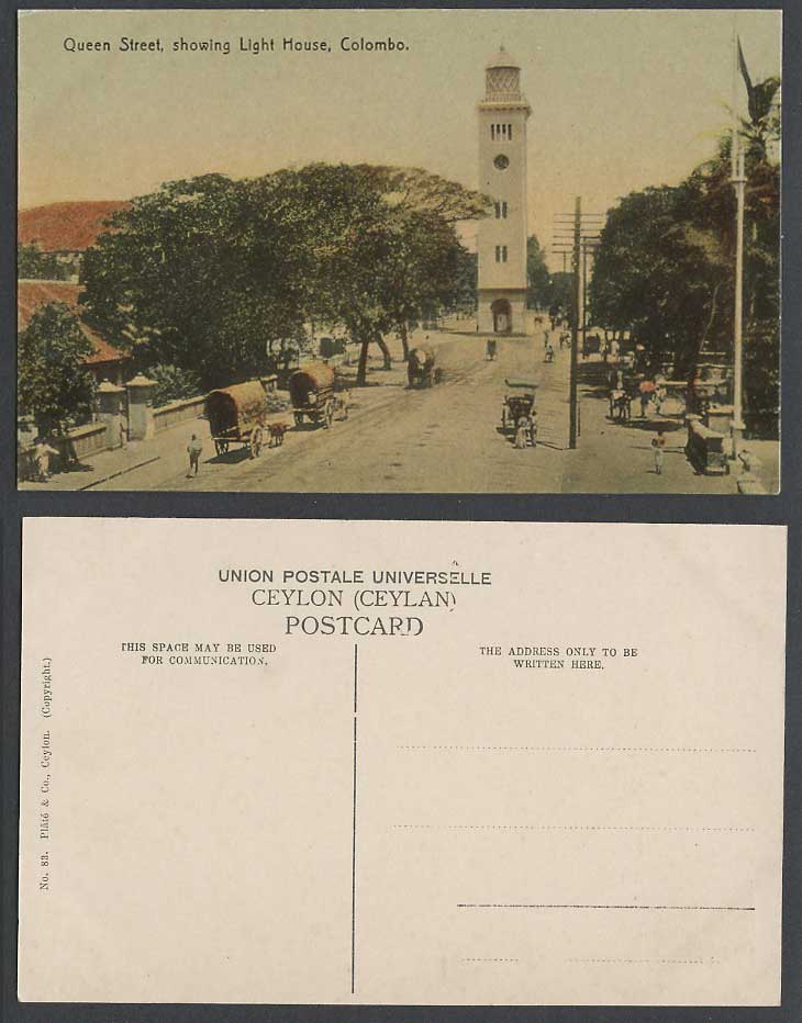 Ceylon Old Colour Postcard Queen Street and Light House Lighthouse Colombo Carts