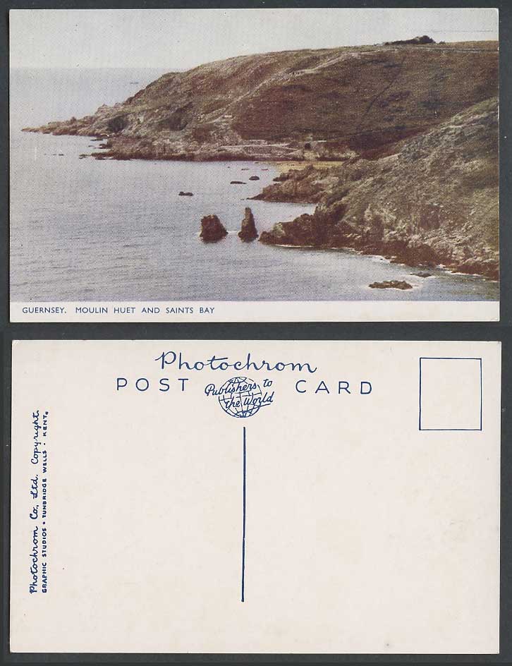 Guernsey Old Colour Postcard Moulin Huet and Saints Bay Rocks Cliffs Panorama CI
