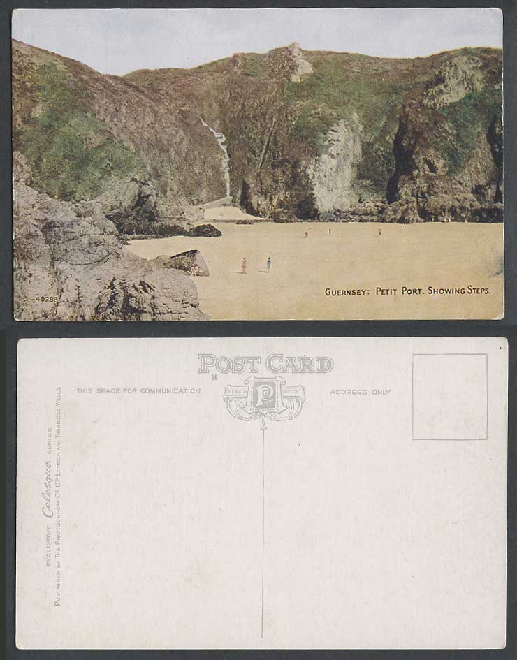 Guernsey Old Colour Postcard Petit Port Showing Steps Rocks Cliffs Beach Seaside