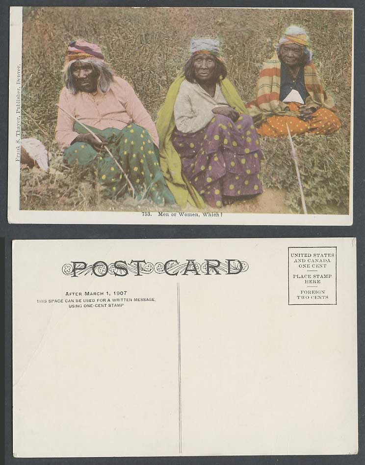 American Red Indian Men or Women, Which? Old Colour Postcard Frank S. Thayer USA
