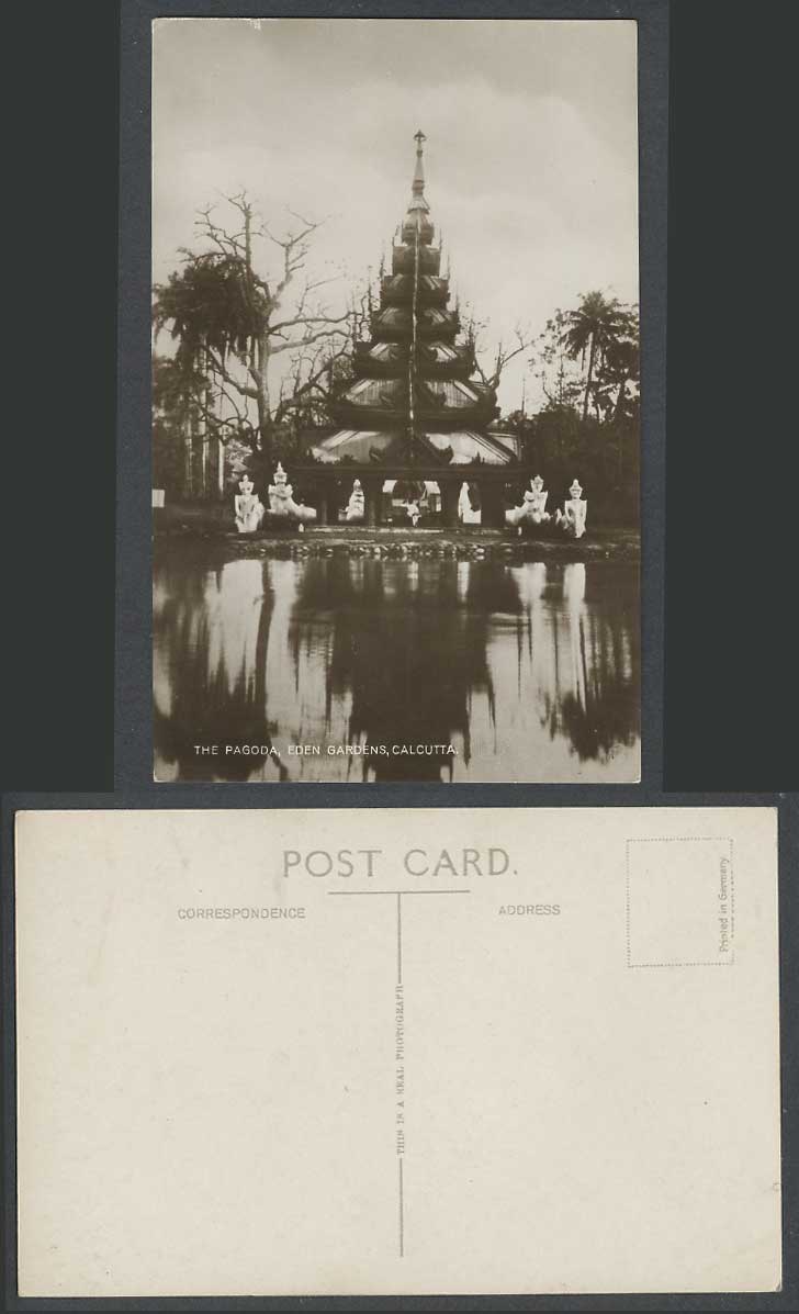 India Old Real Photo Postcard Eden Gardens Calcutta, Pagoda, Statues, Palm Trees