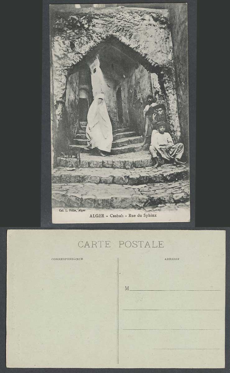 Algeria Old Postcard Alger Casbah Rue du Sphinx Street Veiled Woman Man and Boys