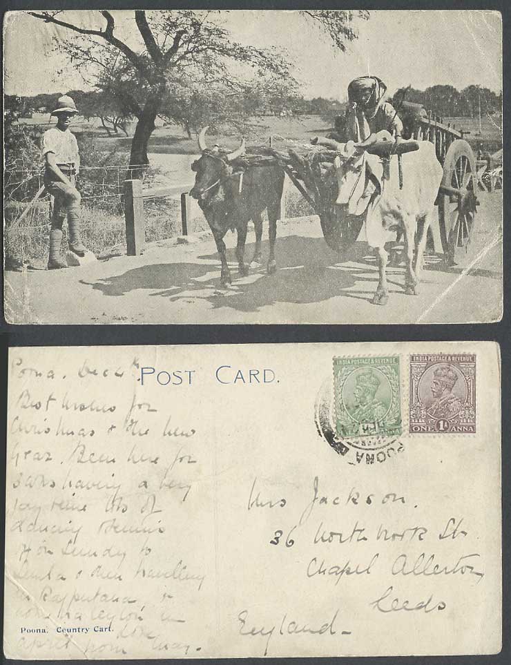 India KG5 1/2a 1a Old Postcard Poona Country Cart Native Driver, Western Soldier