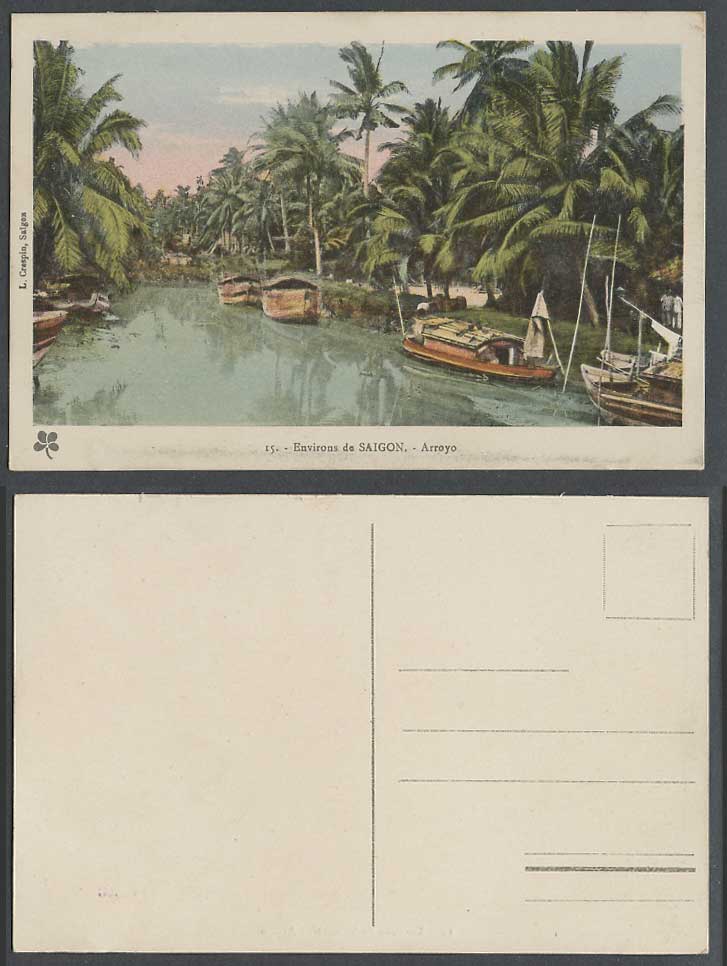 Indo-China Old Postcard Environs de Saigon Arroyo River Sampans Boats Palm Trees