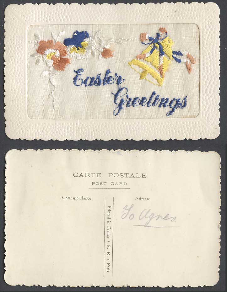 WW1 SILK Embroidered Old Postcard Easter Greetings Bell Flowers Novelty ER Paris
