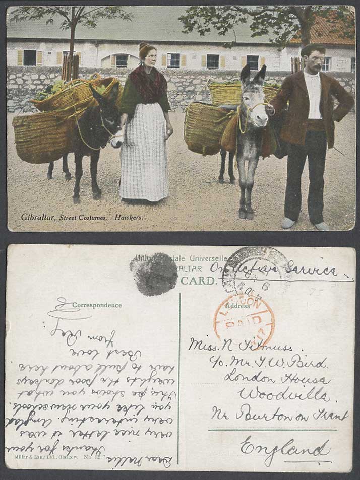 Gibraltar Red London Paid pmk. 1917 Old Postcard Street Costumes Hawkers Donkeys