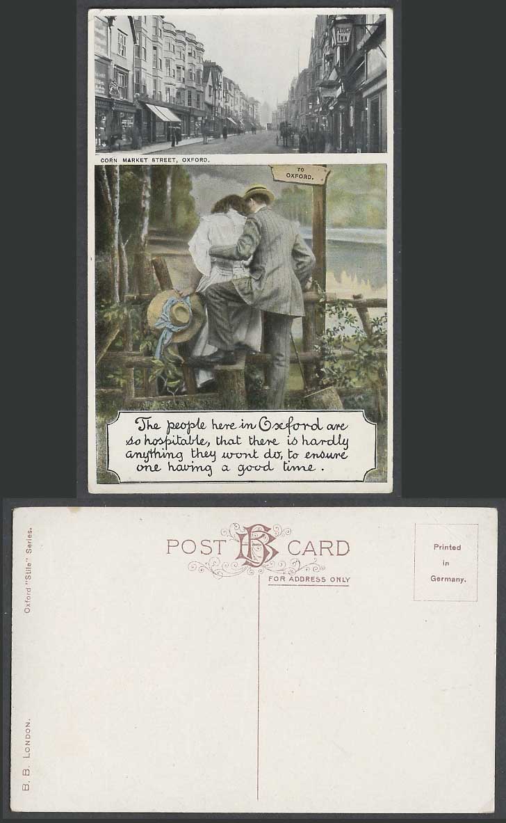 To Oxford Sign Corn Market Street Scene Plough Inn Romance Man Lady Old Postcard