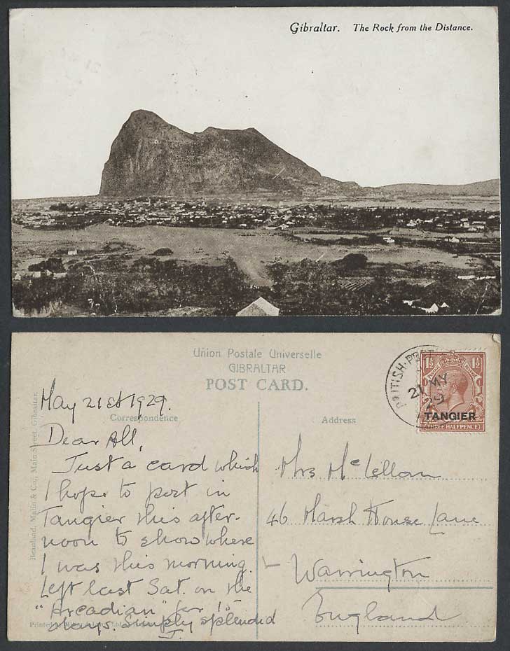 Gibraltar British PO Tangier KG5 1 1/2d 1929 Old Postcard The Rock from Distance