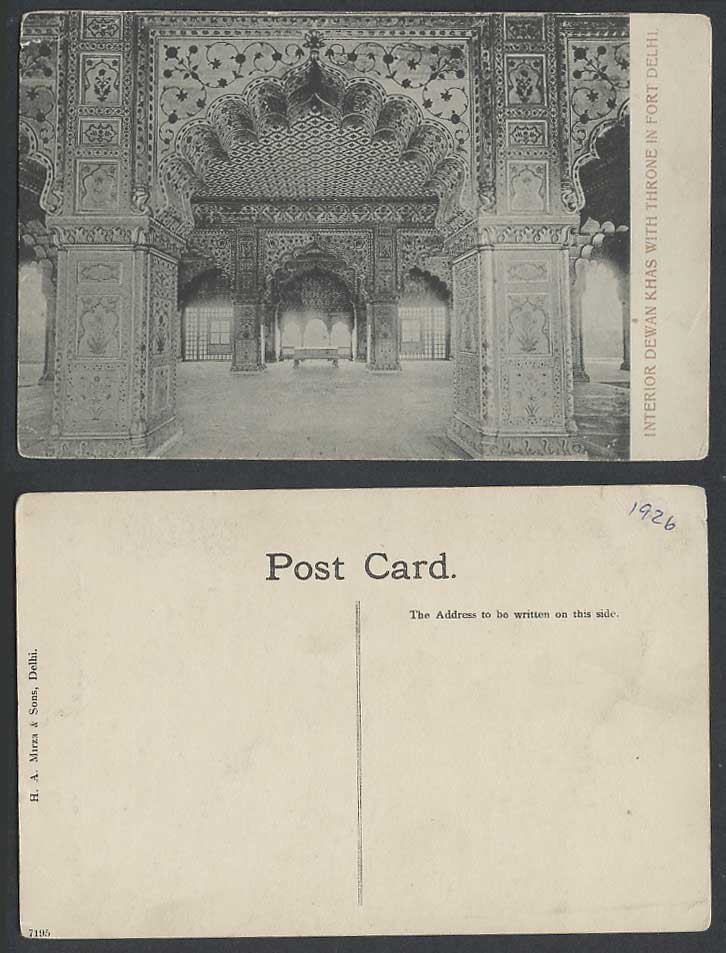 India 1926 Old Postcard Interior of Dewan Khas with Marble THRONE in Fort Delhi