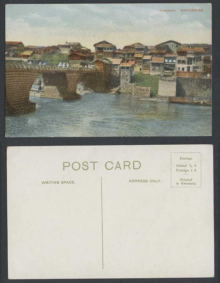 Pakistan Old Colour Postcard SRINAGAR KASHMERE Bridge River Native Houses India