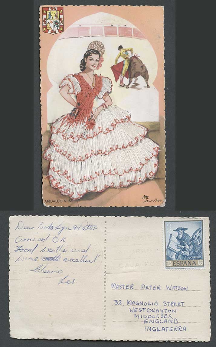 Spain Silk Embroidered Dress Andalucia Flamenco Dancer, Bullfighter Old Postcard