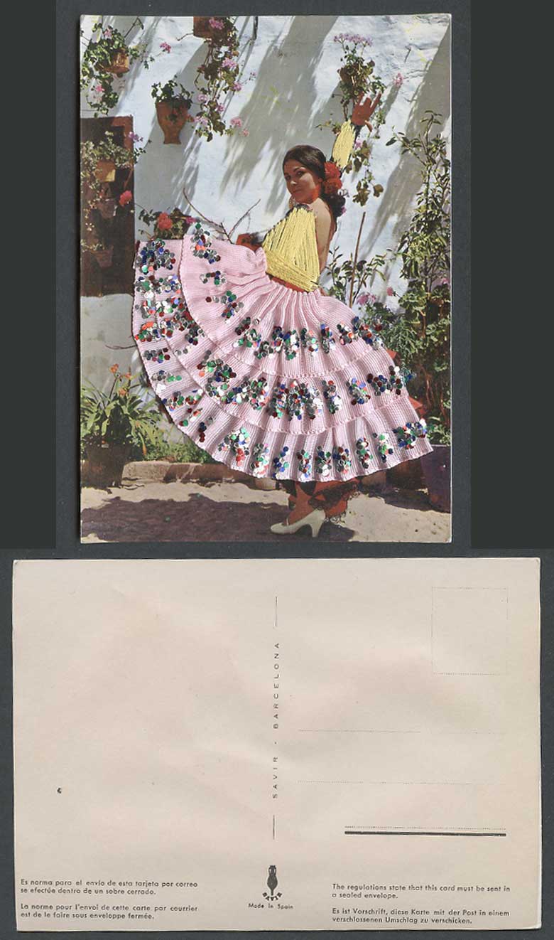 Spain Silk Embroidered Dancing Costumes with Glitters, Dancer Woman Old Postcard