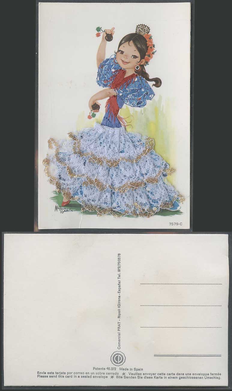 Spain Silk Embroidered Lace Dress Dancer Castanets by MaRosa Garcia Old Postcard