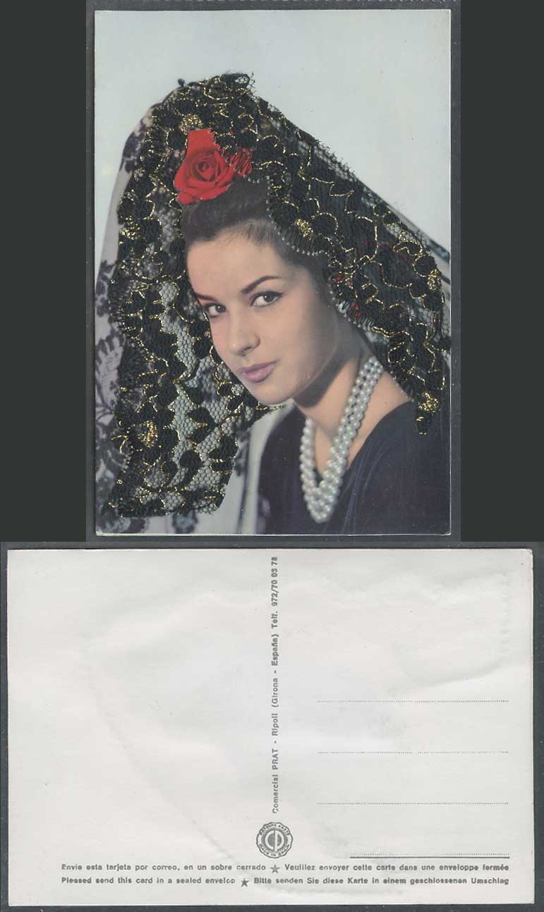 Spain Silk Embroidered, Lace Headscarf, Rose, Pearl Necklace, Woman Old Postcard