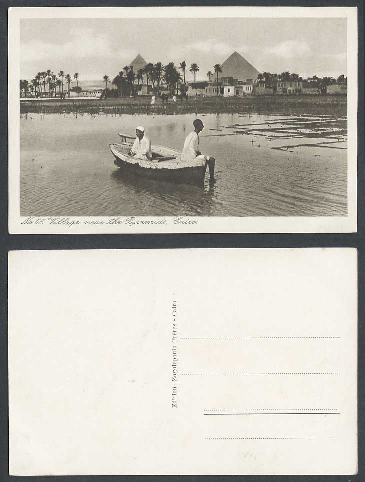 Egypt Old Postcard Cairo Native Village near Pyramids, Palm Trees, Boat Canoe 58