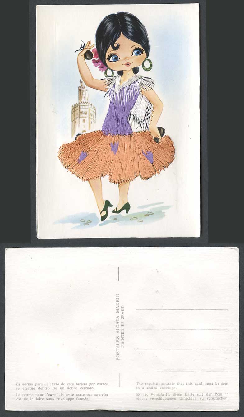 Spain Silk Embroidered Dress Costumes Dancer Dancing with Castanets Old Postcard