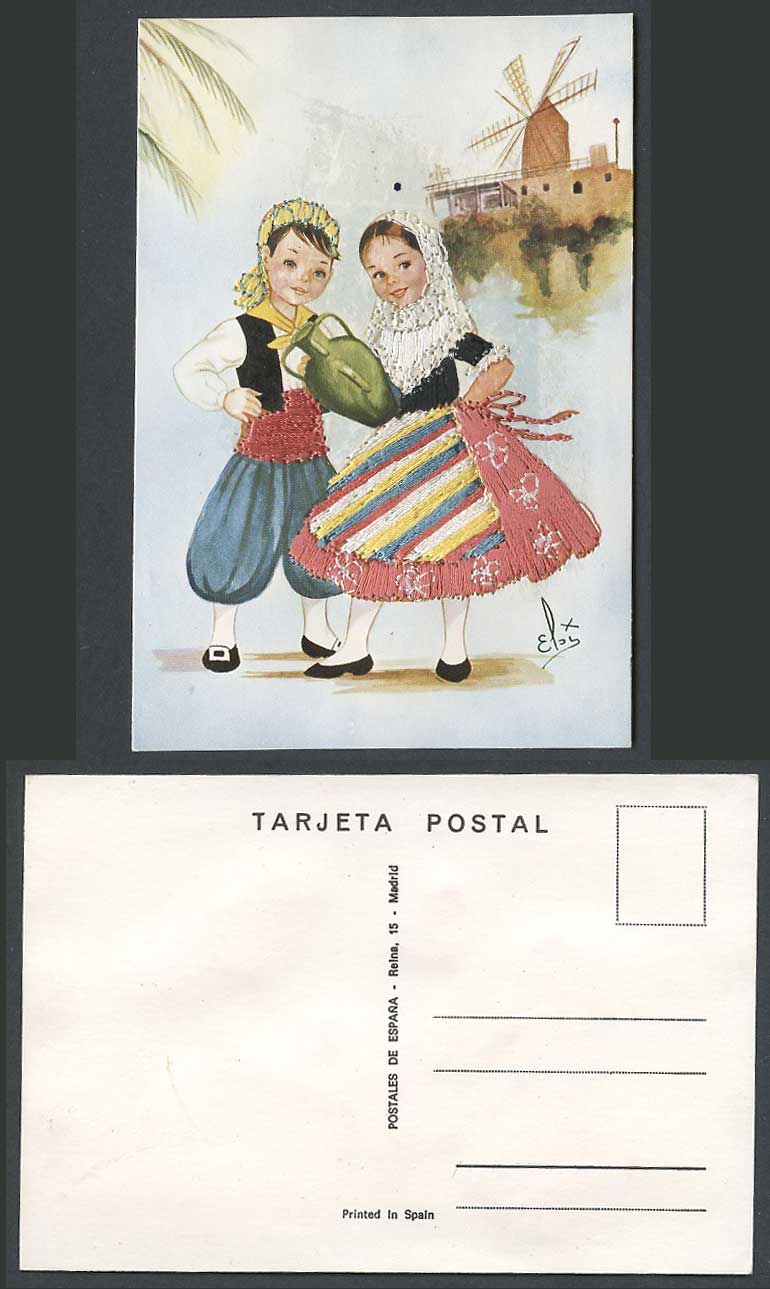 Spain Silk Embroidered Traditional Costumes, Windmill Artist Signed Old Postcard