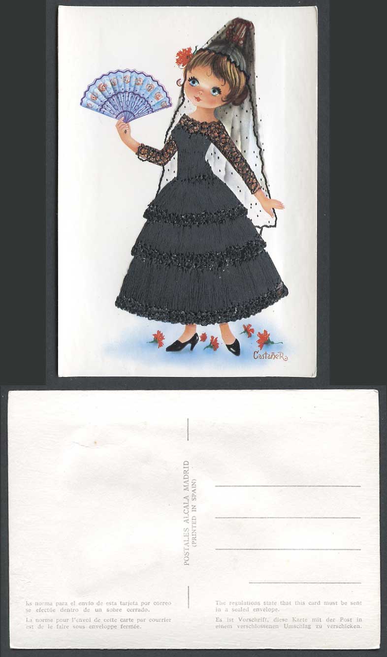 Spain Silk Embroidered Dress Dancer Fan Lady Castaner Artist Signed Old Postcard
