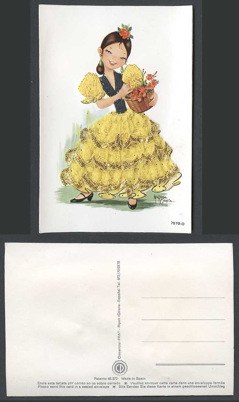 Spain Silk Embroidered Lace Dress Flowers Basket Girl MaRosa Garcia Old Postcard