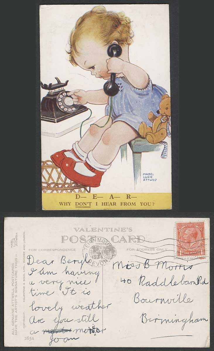 MABEL LUCIE ATTWELL 1934 Old Postcard Teddy Bear Why Not Hear from U? Phone 2654