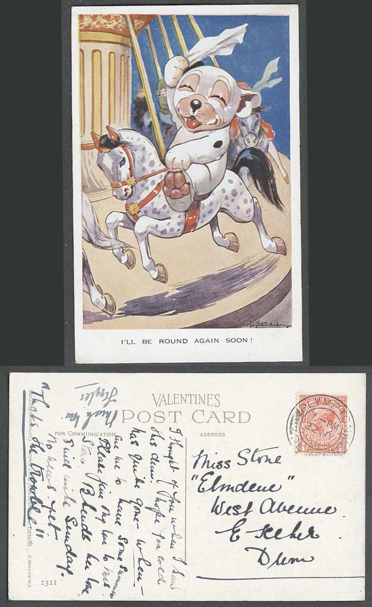 BONZO DOG G.E. Studdy 1930 Old Postcard Carousel Merry-Go-Round Round Again 1311