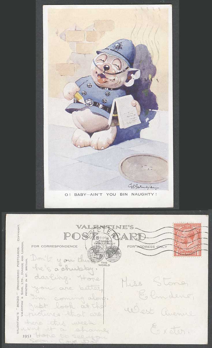 BONZO DOG GE Studdy 1933 Old Postcard Police. O! Baby Ain't you Bin Naughty 1951