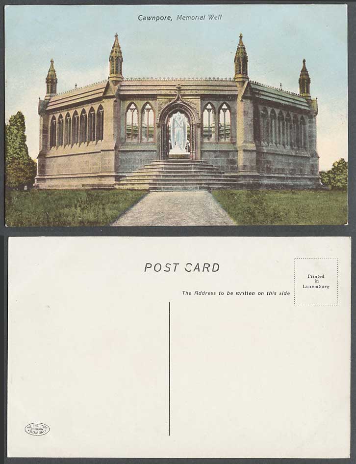 India Old Colour Postcard Memorial Well CAWNPORE Kanpur, Gate Angel Statue Steps