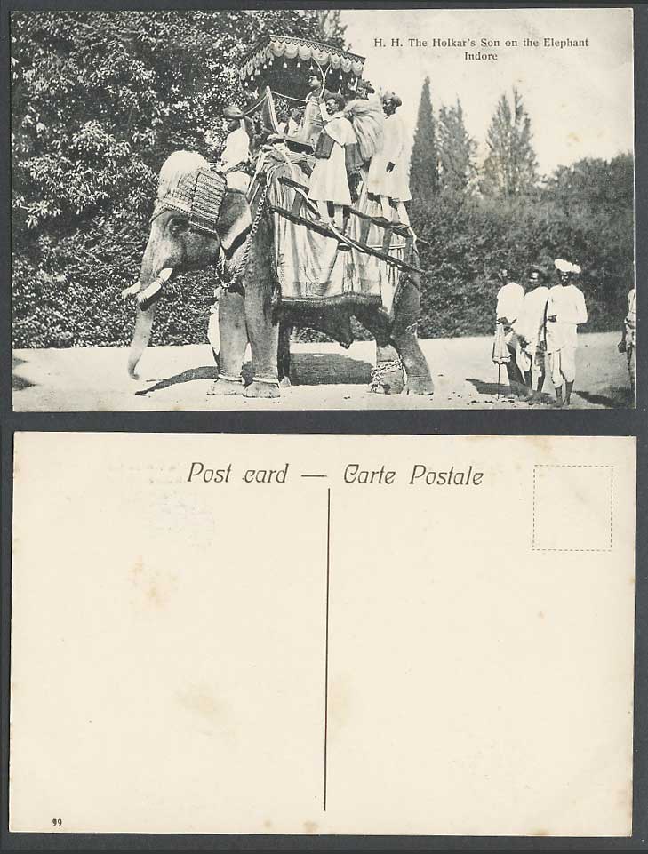 India Old Postcard Indore H.H. HOLKAR'S SON on ELEPHANT Native Men British India
