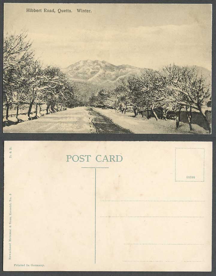 Pakistan Old Postcard Hibbert Road Quetta, Winter Snowy Mountains & Street Scene