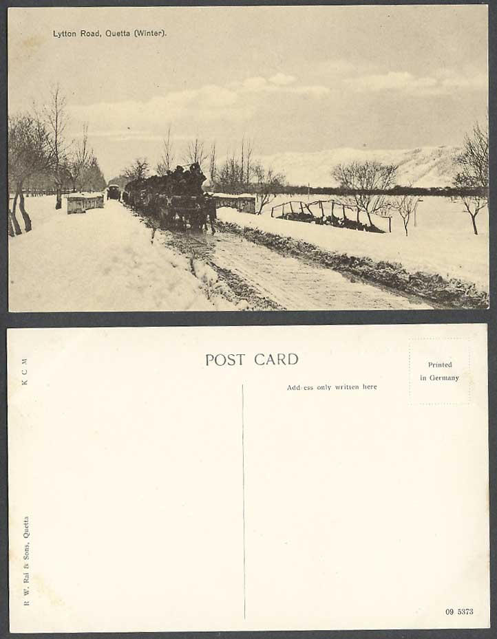 Pakistan Old Postcard Quetta Lytton Road in Winter Snowy Street Scene Cart India