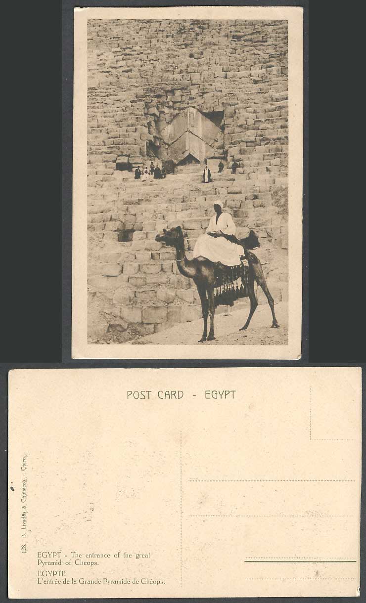Egypt Old Postcard Entrance of Great Pyramid of CHEOPS, Egyptian Camel Rider Man