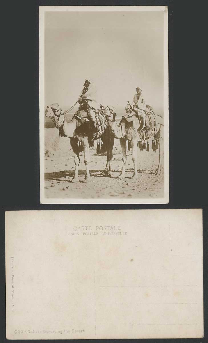 Egypt Old Real Photo Postcard Natives Traversing the Desert Camels Man Boy Camel