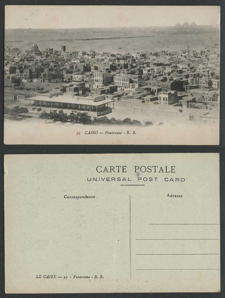 Egypt Old Postcard Cairo Panorama showing Pyramids, Bridge, Street Scene B.B. 95