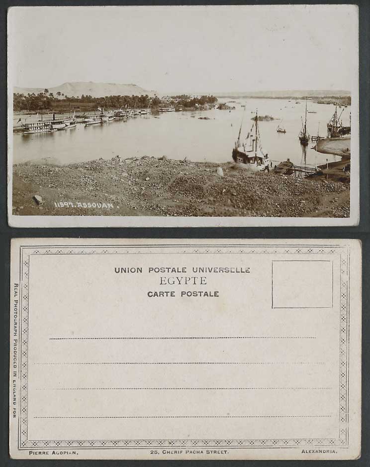 Egypt Old Real Photo UB Postcard Assuan Assouan Aswan River Ferry Boats Panorama