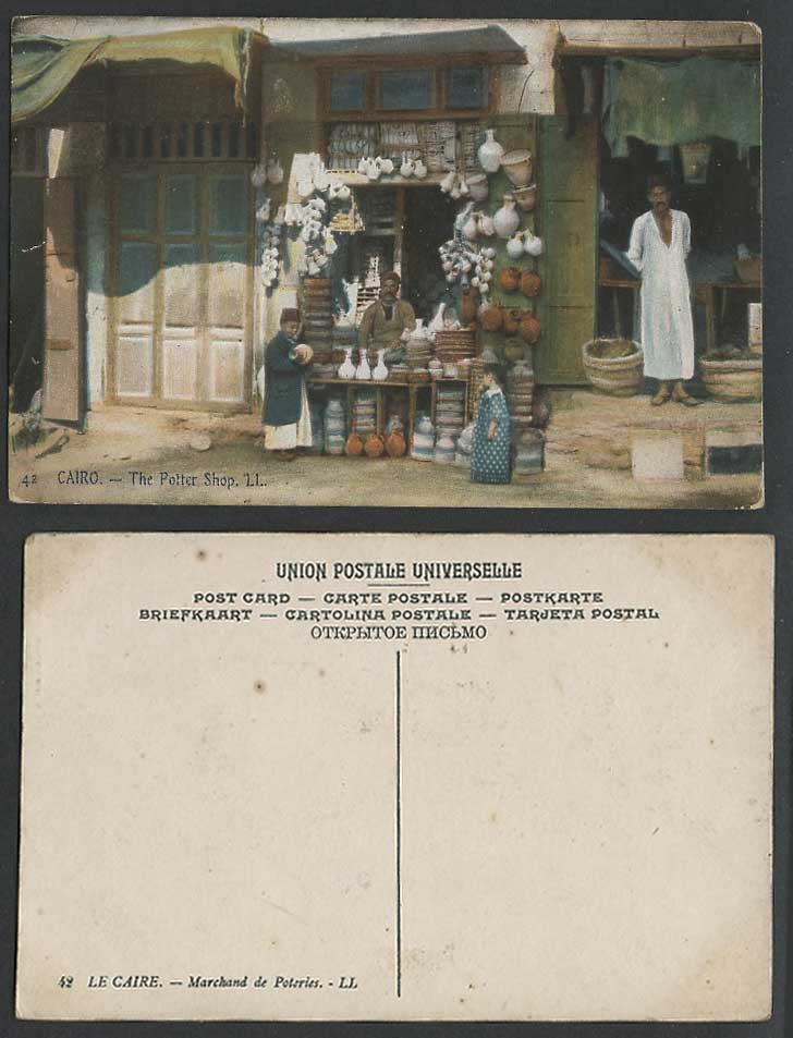 Egypt L.L. 42 Old Postcard Cairo The Potter Shop Shopfront Native Vendor Pottery
