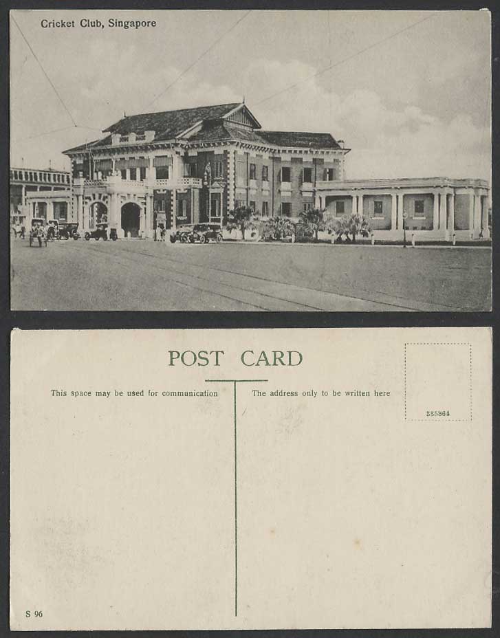 Singapore CRICKET CLUB Old Postcard Street Scene Vintage Motor Cars and Rickshaw