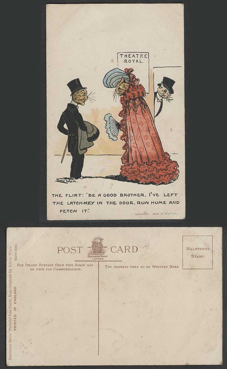 LOUIS WAIN Art Signed Cats Theatre Royal Run Home & Fetch Latch-Key Old Postcard