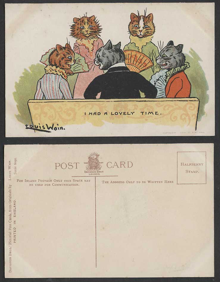 Louis Wain Artist Signed Cats Kittens with Fans I Had a Lovely Time Old Postcard