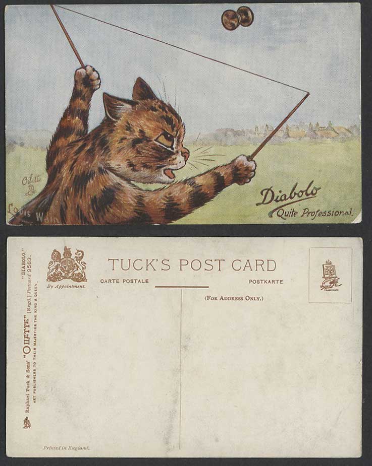 Louis Wain Artist Signed Cat Kitten Diabolo Quite Professional Old Tuck Postcard