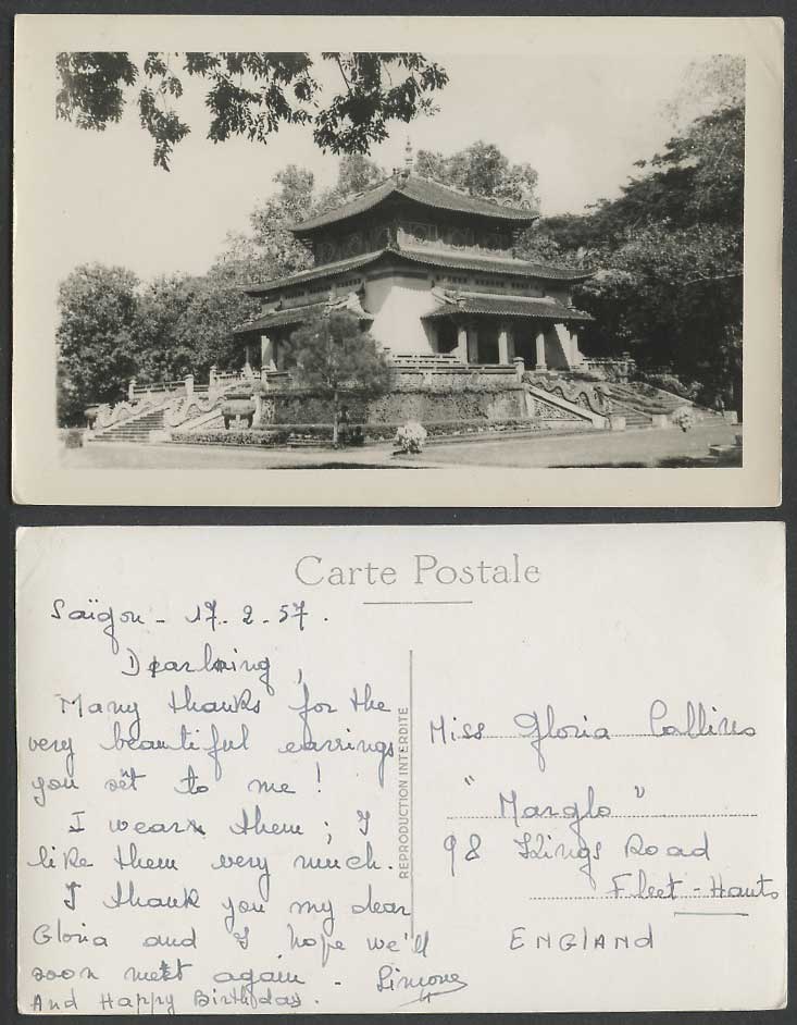 Indo-China 1957 Old Real Photo Postcard Saigon Temple Annamite Dragons by Stairs
