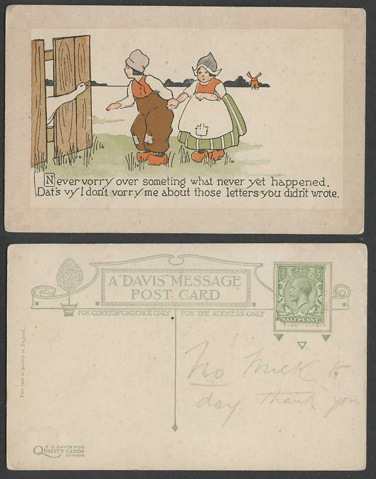 Netherlands Dutch Children Boy Girl Goose Bird Windmill Comic Humor Old Postcard