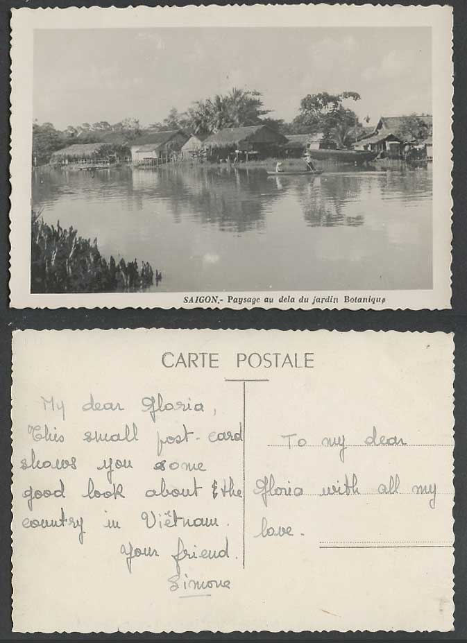 Indo-China Old Postcard Saigon Landscape Beyond Botanic Garden Boat Native House