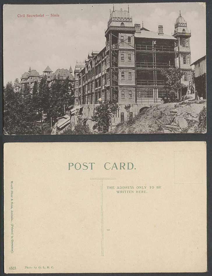 India Old Postcard Civil Secretariat Buildings, Simla Shimla, Photo by G.L.N.C.