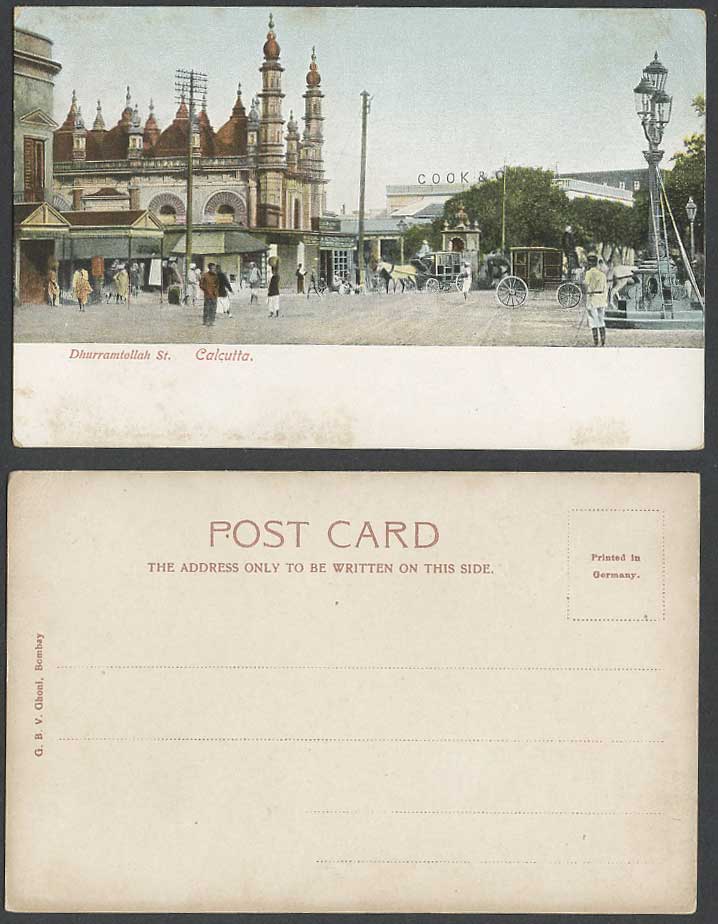 India Old Colour UB Postcard Dhurramtollah Street Scene Calcutta Carts Cook & Co