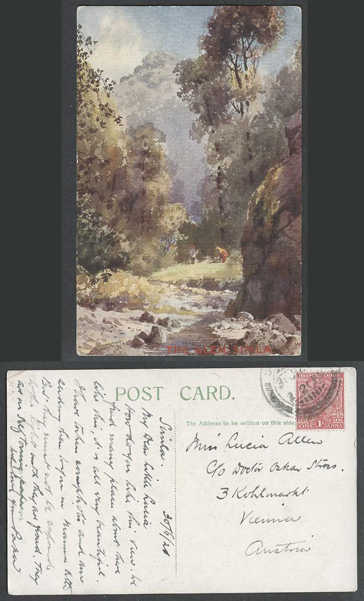 India KG5 1a 1920 Old Postcard The Glen, Simla, River Scene Shimla, Artist Drawn
