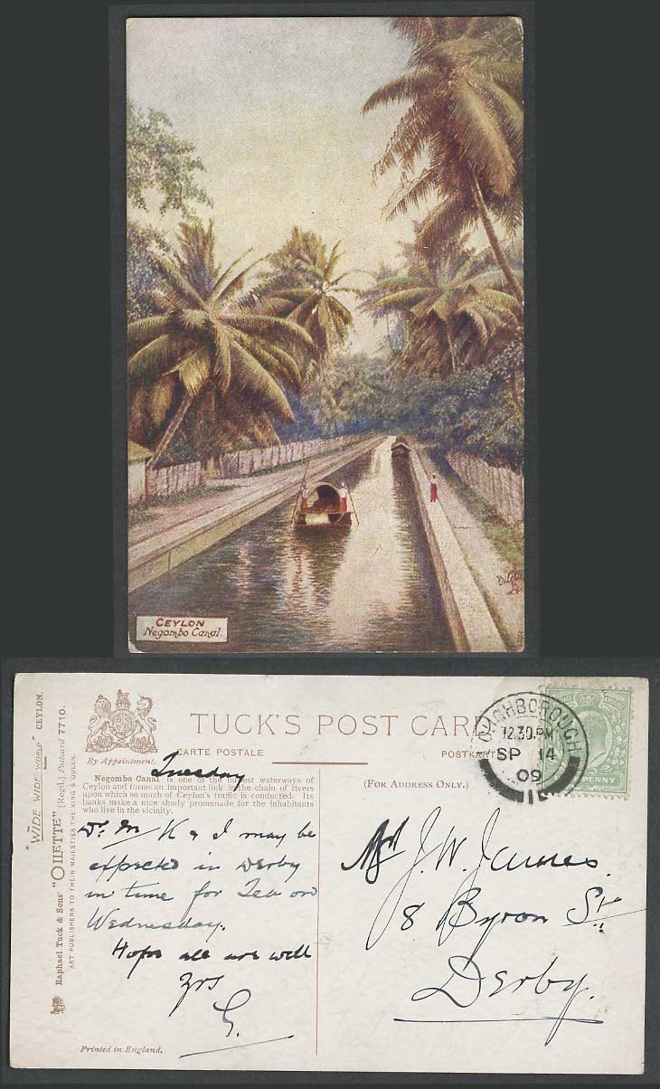 Ceylon 1909 Old Tuck's Oilette Postcard Negombo Canal Palm Trees Palm Trees Boat