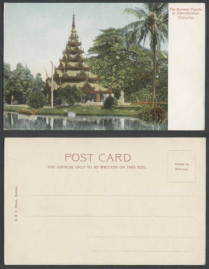 Burma Burmese Pagoda Eden Gardens Calcutta India Old Color UB Postcard Lake Boat