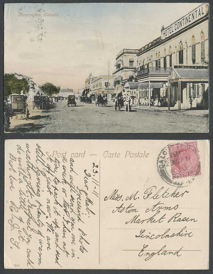 India 1a 1911 Old Postcard Calcutta Chowringhee, Hotel Continental, Street Scene